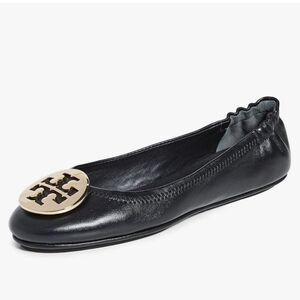 Tory Burch Black Leather Flats with Silver Logo